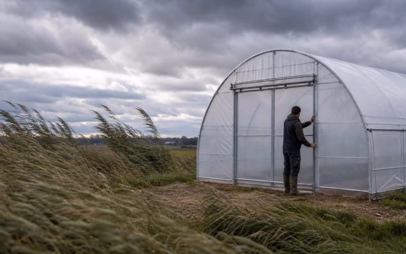 Tunnel agricole bien oriente et ferme avant un episode venteux