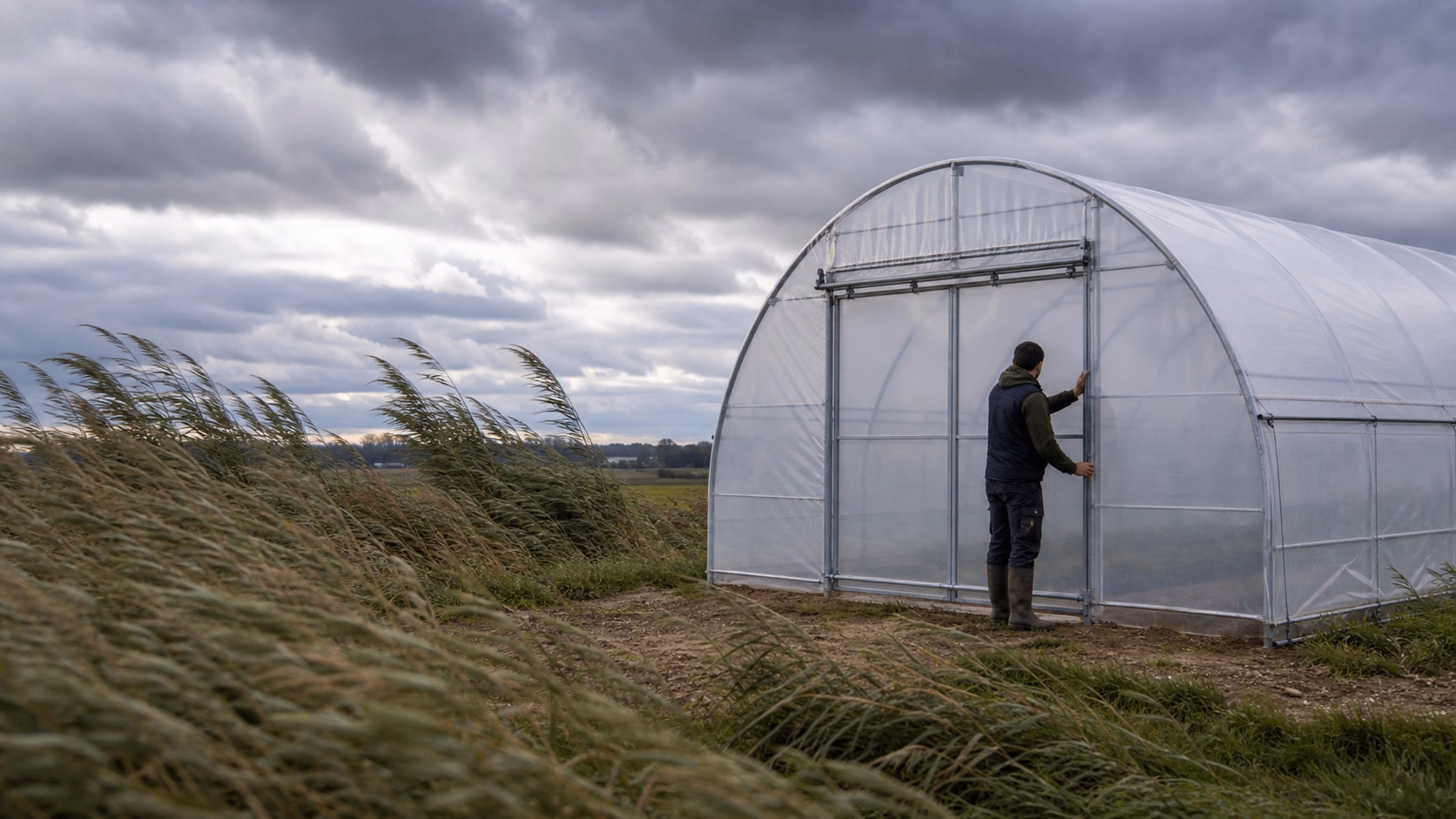 Tunnel agricole bien oriente et ferme avant un episode venteux