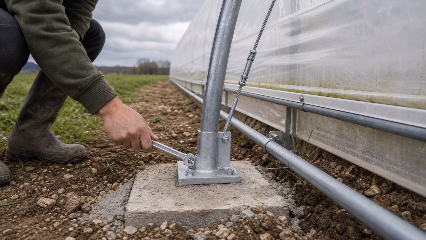Ancrage renforce d un tunnel agricole en zone exposee au vent