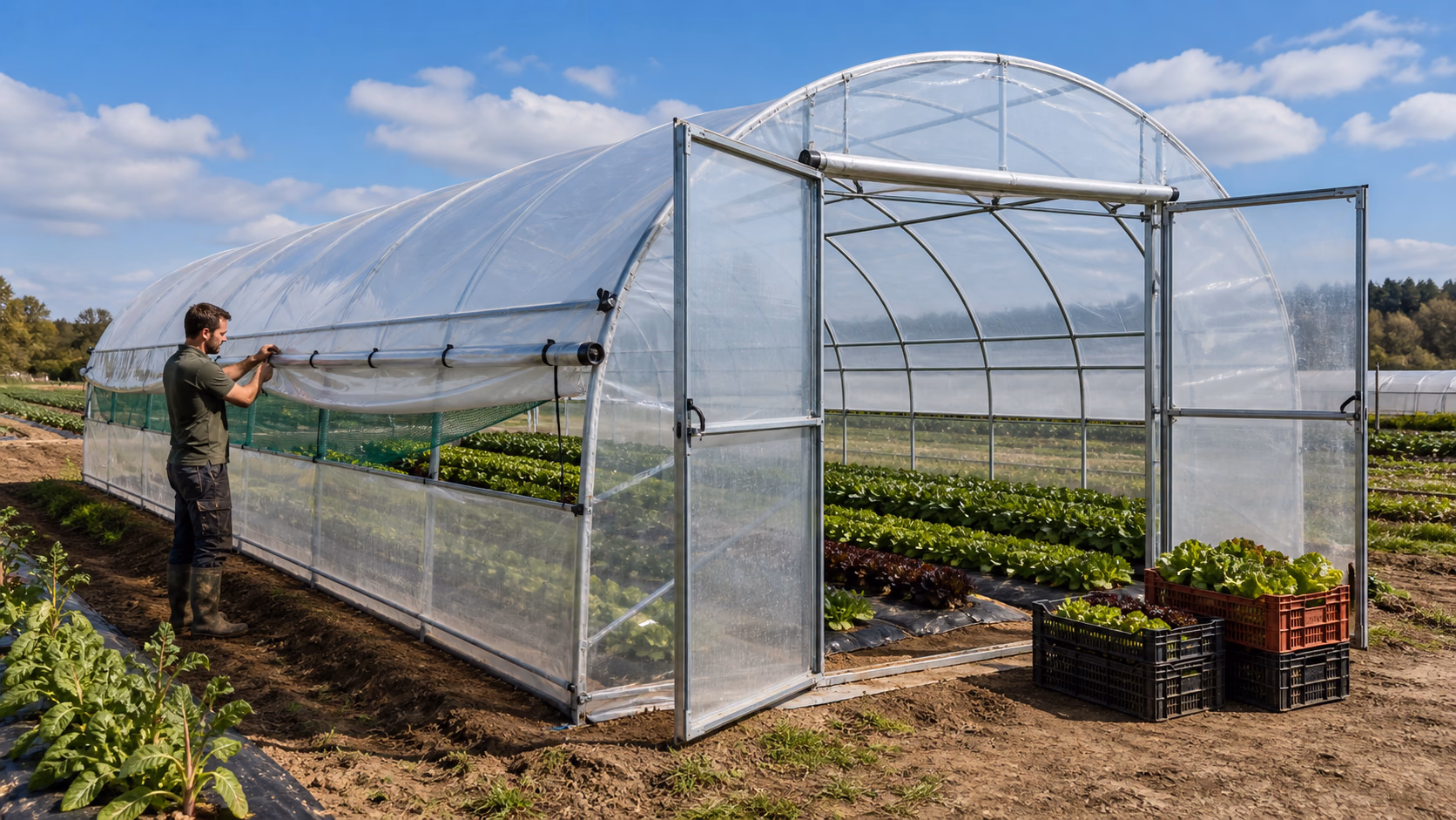 Aeration laterale et portes ouvertes sur un tunnel agricole de 100 metres carres