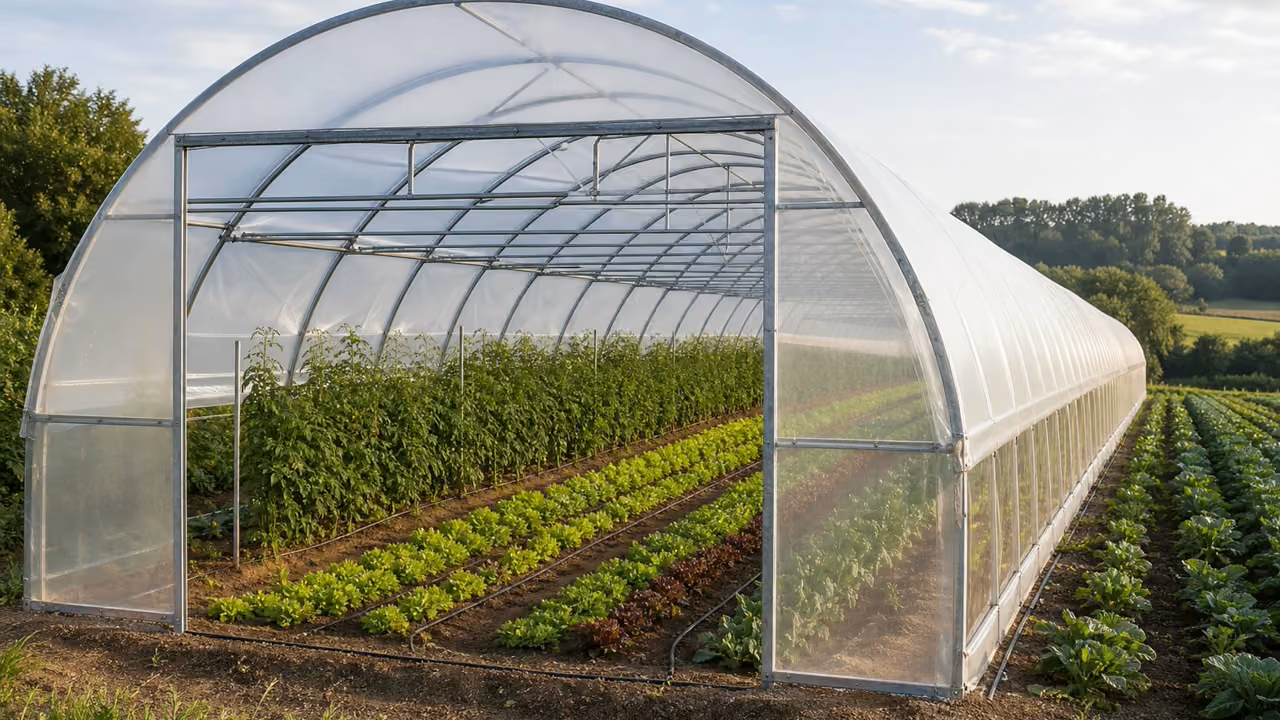 Terrain agricole prepare avec cordeau d implantation pour une serre ou un tunnel