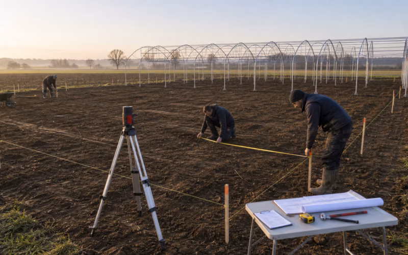 Preparation du terrain et implantation des fondations d une serre multi chapelle