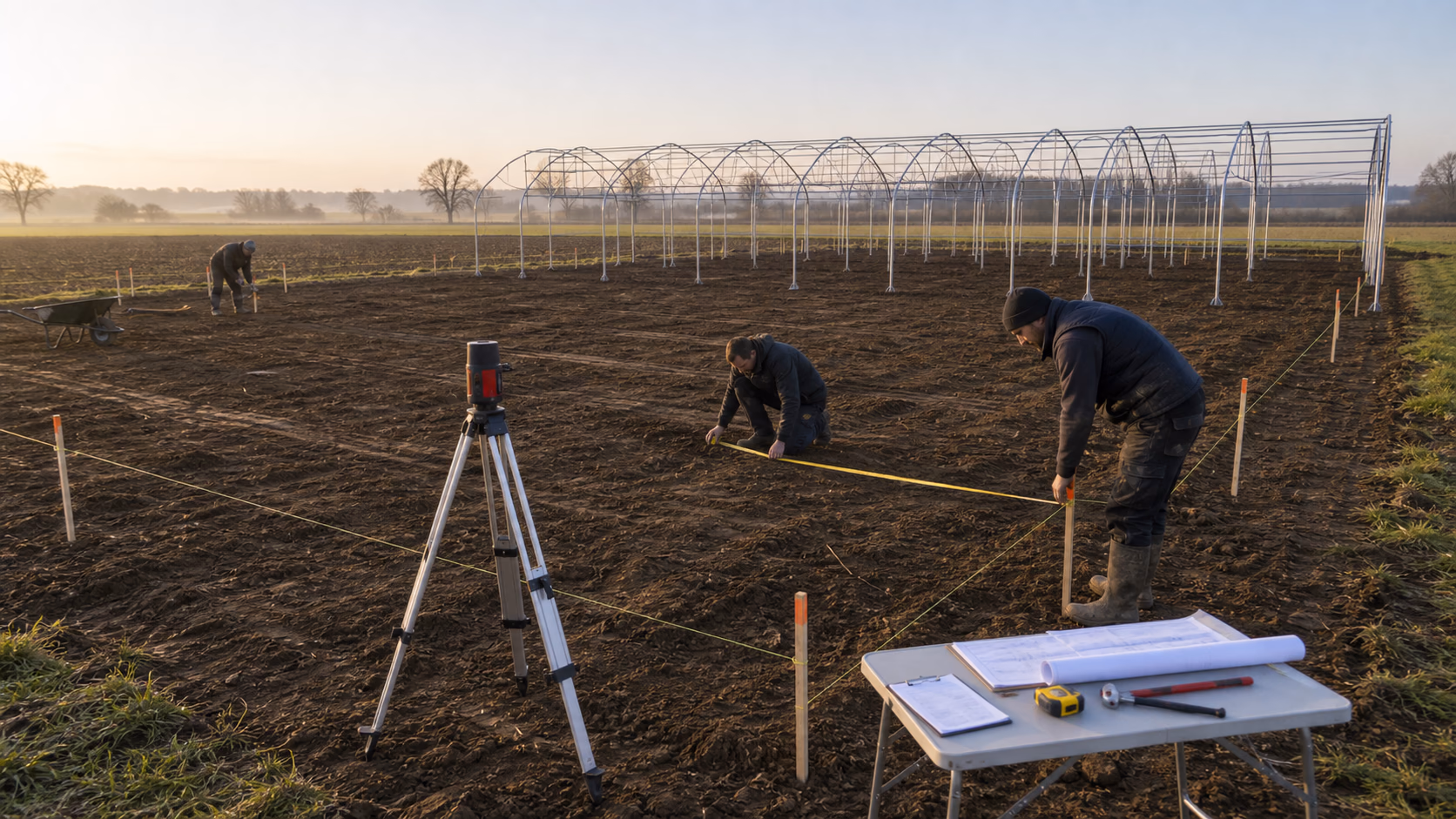 Preparation du terrain et implantation des fondations d une serre multi chapelle