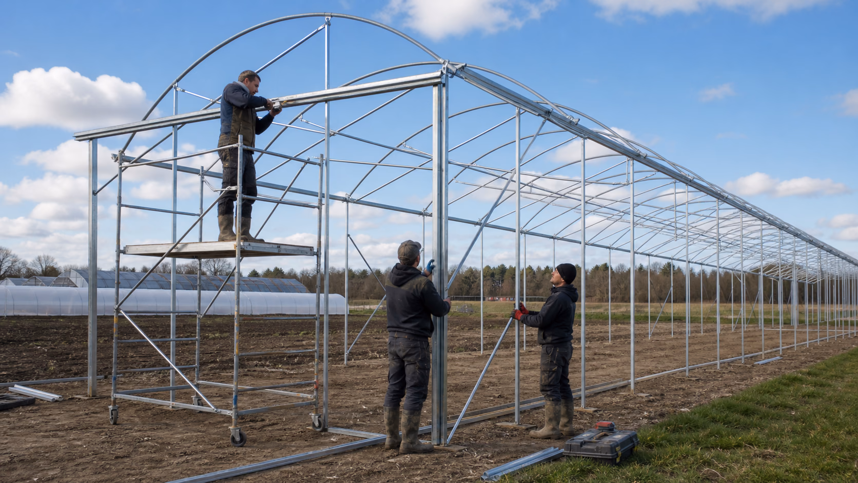 Montage de la structure galvanisee d une serre multi chapelle agricole