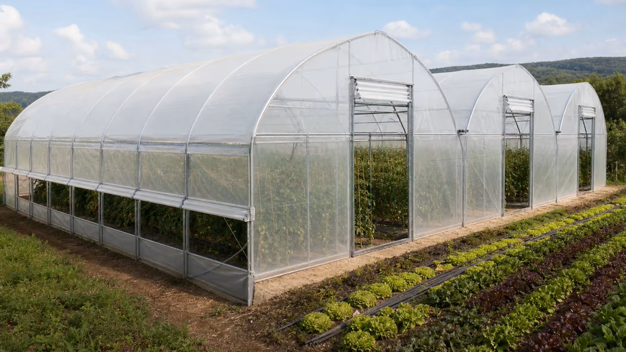 Equipe installant la structure galvanisee d une serre multi chapelle agricole