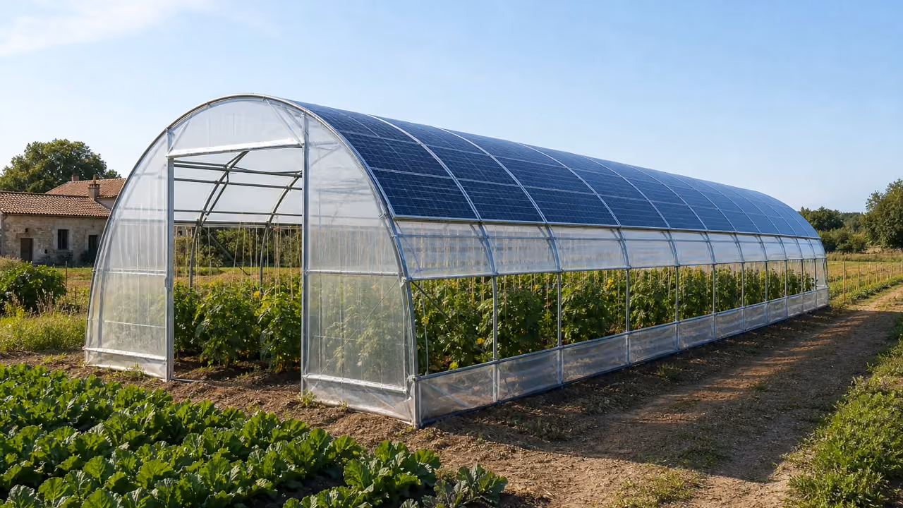 Serre photovoltaique agricole avec panneaux en toiture et cultures en production