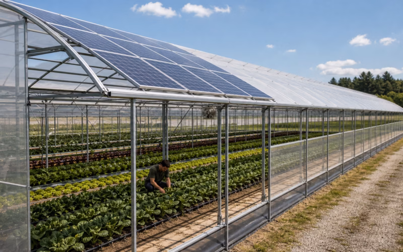 Cultures sous serre photovoltaique avec panneaux integres en toiture