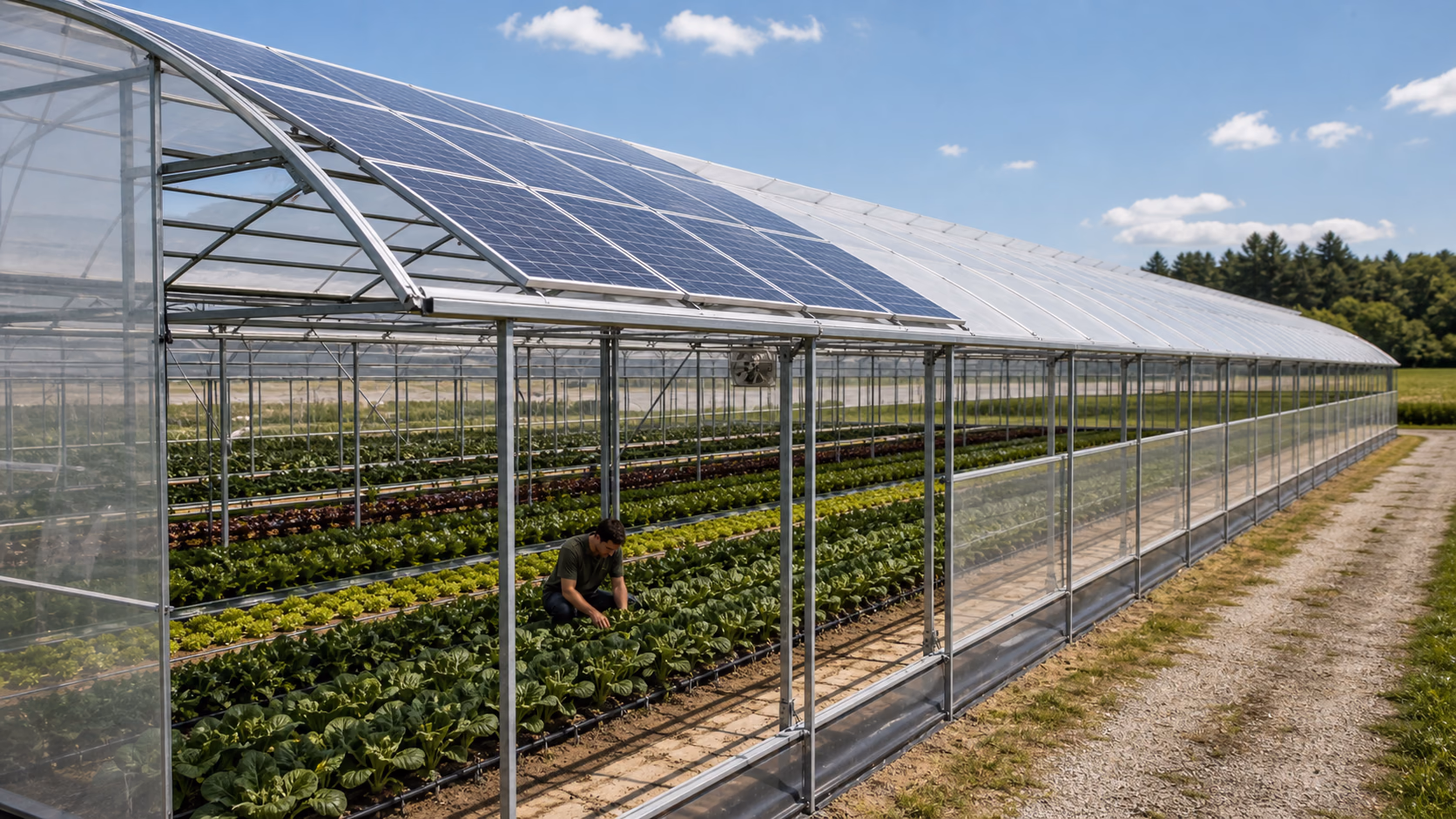 Cultures sous serre photovoltaique avec panneaux integres en toiture