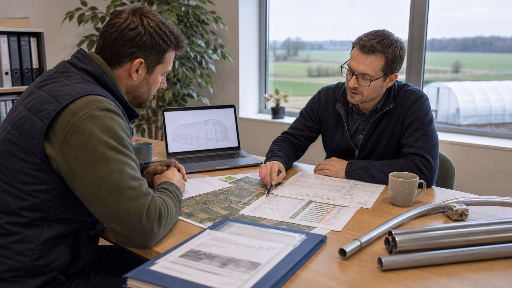 Rendez-vous avec un conseiller agricole pour preparer un projet de serre finance