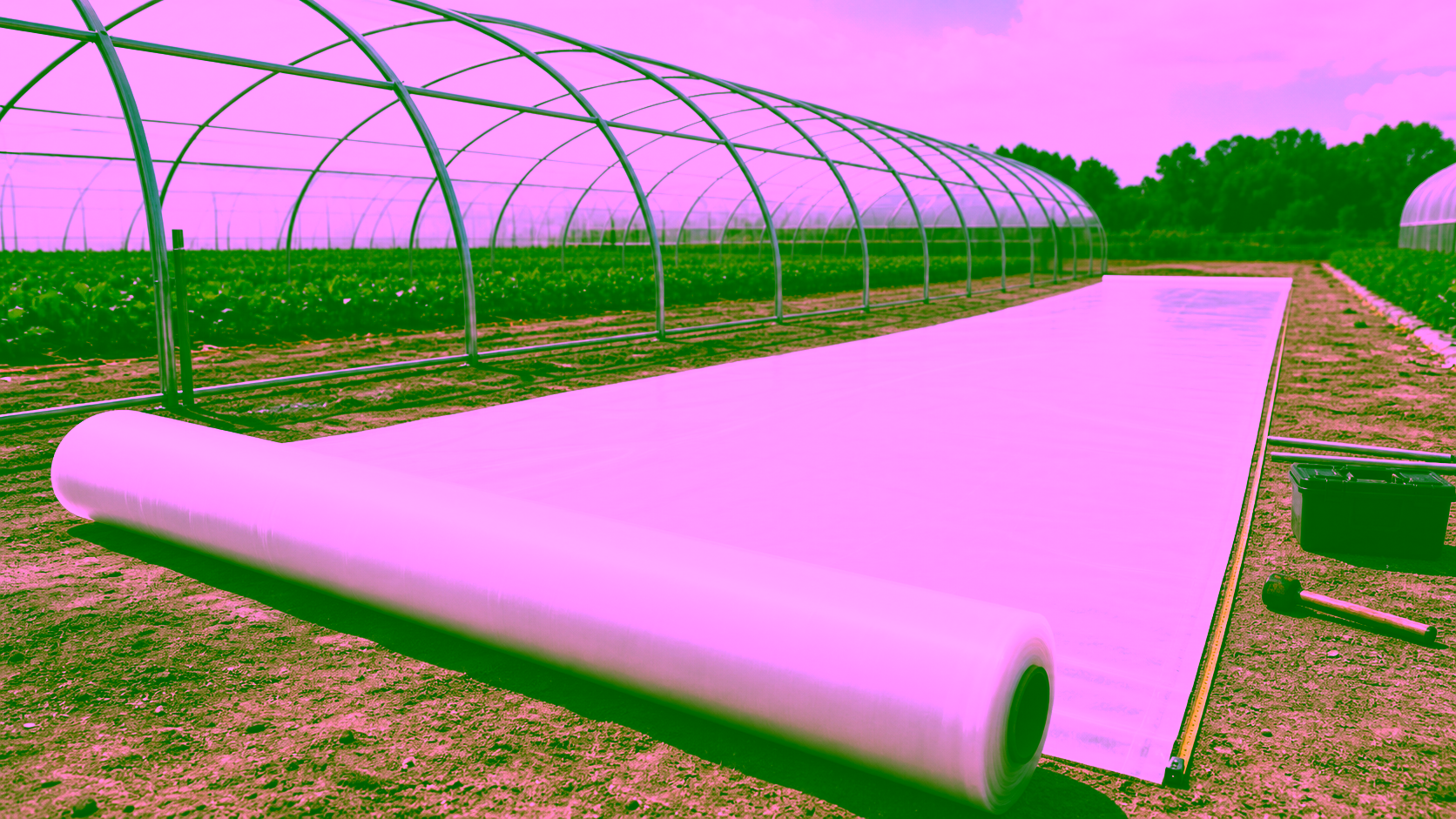 Bâche tunnel agricole sur mesure déroulée au sol près d’une structure de serre