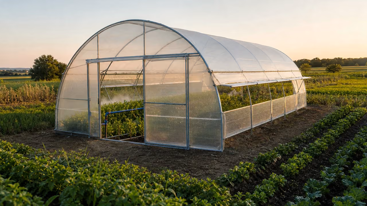 Exploitant agricole preparant un dossier de subvention pour une serre avec plans et devis