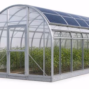 Serre photovoltaïque agricole avec panneaux solaires sur fond blanc