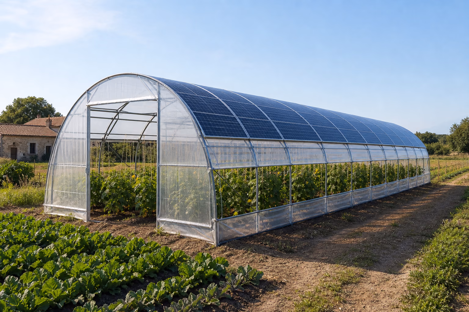 Serre photovoltaïque agricole en production avec cultures sous abri