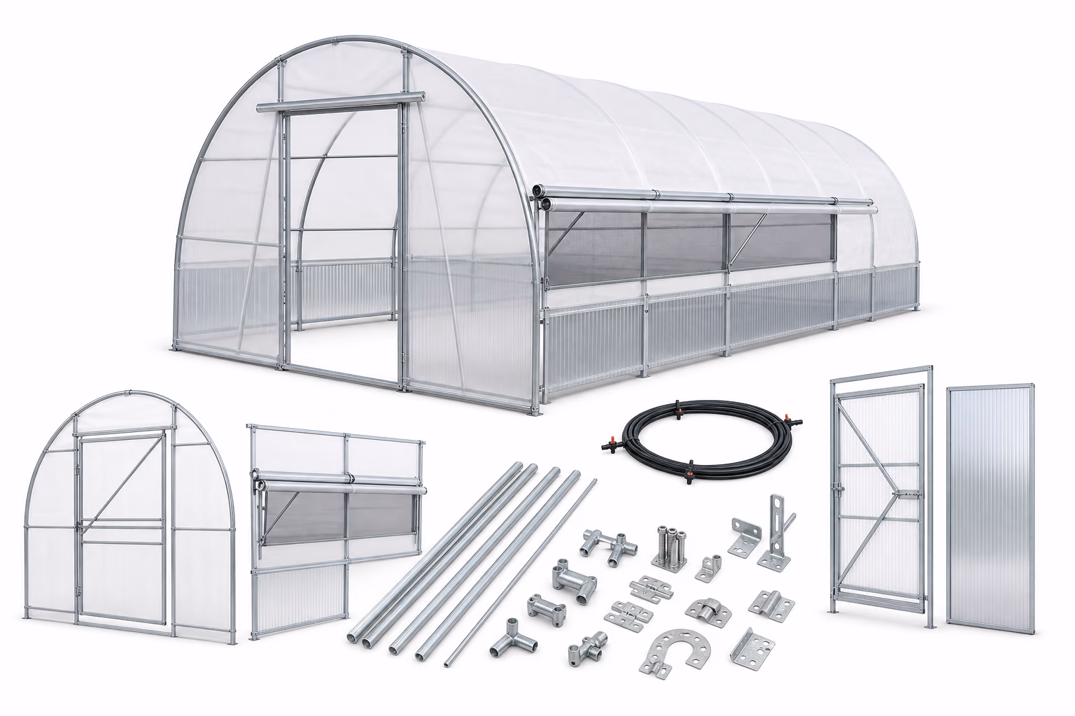 Serre agricole sur mesure avec options de structure et accessoires sur fond blanc