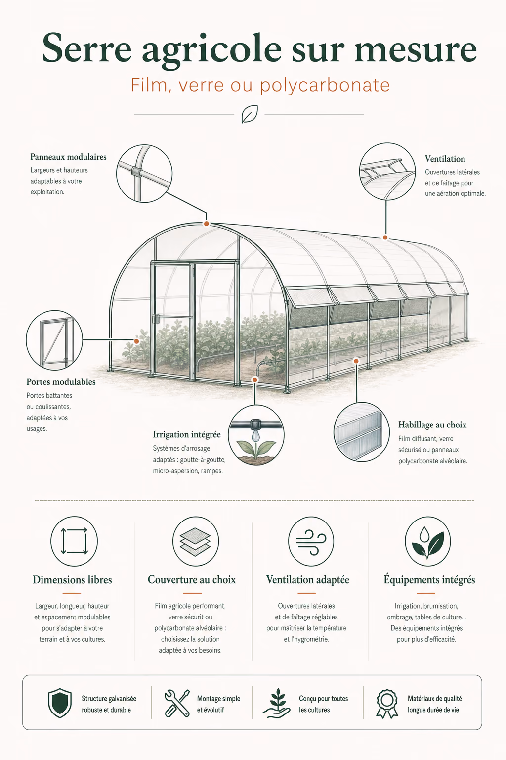 Infographie des options configurables pour une serre agricole sur mesure