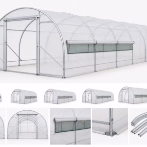 Tunnel agricole sur mesure avec modules et accessoires sur fond blanc