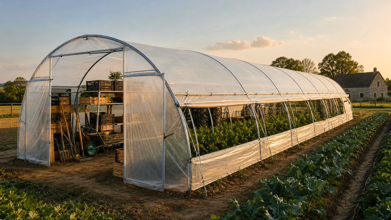 Tunnel agricole neuf avec structure galvanisee et bache propre sur une exploitation maraichere