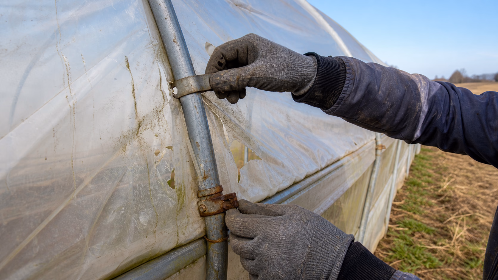 Inspection de l usure d une bache et des fixations sur un tunnel agricole d occasion