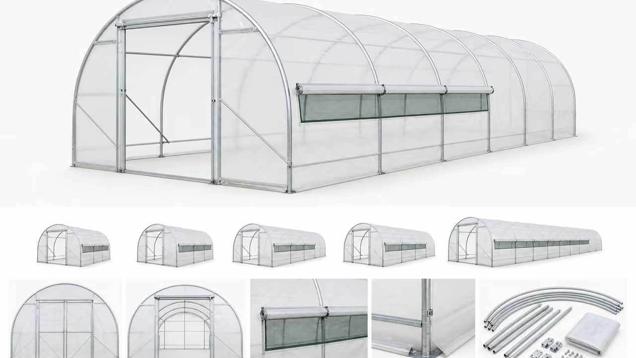 Tunnel agricole installe sur une parcelle agricole avec recul et acces de maintenance