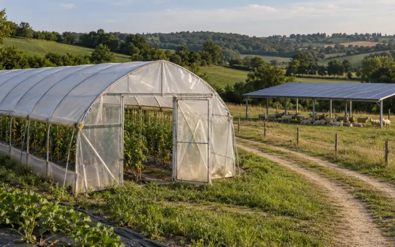 Abri agricole : tunnel de culture au premier plan et ombrière photovoltaïque abritant des brebis dans une prairie