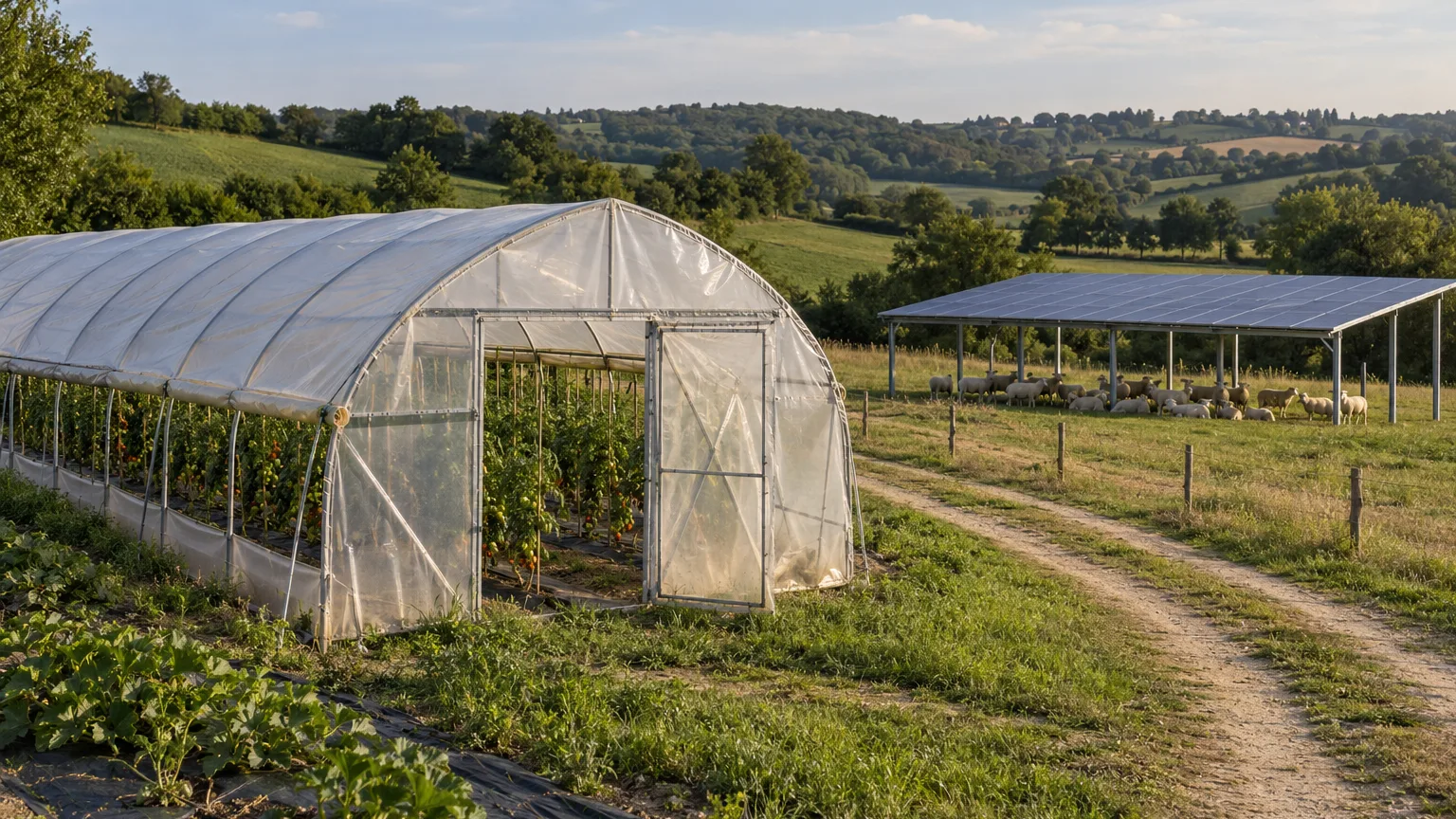 Abri agricole : tunnel de culture au premier plan et ombrière photovoltaïque abritant des brebis dans une prairie