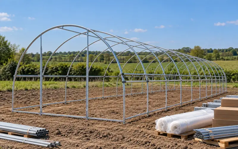 Tunnel en cours de montage : arceaux galvanisés entretoisés sans bâche, kit de tubes, film et cartons sur palettes