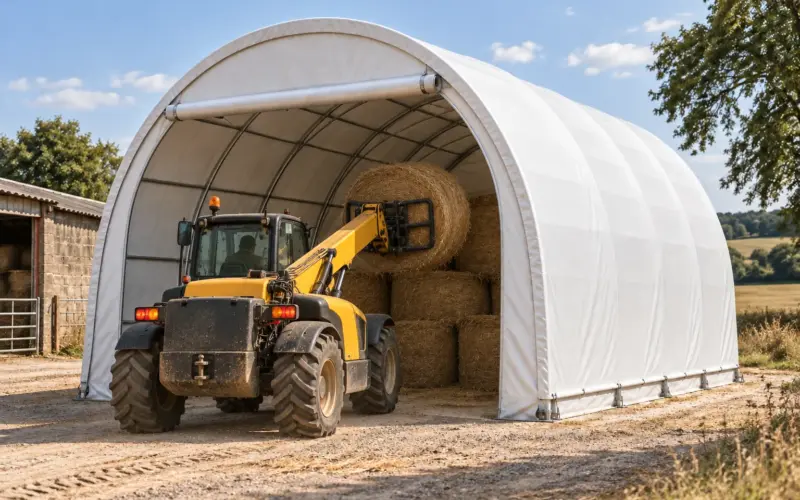Chargeur télescopique entrant dans un tunnel de stockage avec une balle ronde de foin par le pignon ouvert