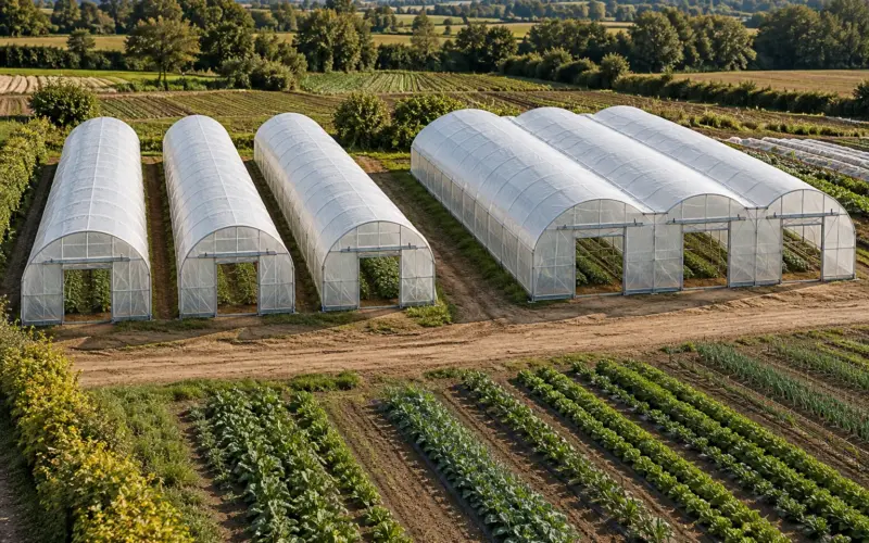 Vue de drone : trois tunnels maraîchers juxtaposés à gauche et une serre multi-chapelle à droite