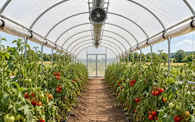Intérieur de tunnel maraîcher aux côtés ouverts, ventilateur de brassage sous le faîtage, tomates palissées
