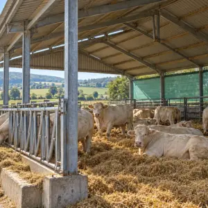 Stabulation métallique ouverte avec filets brise-vent, vaches charolaises sur aire paillée en Bourgogne