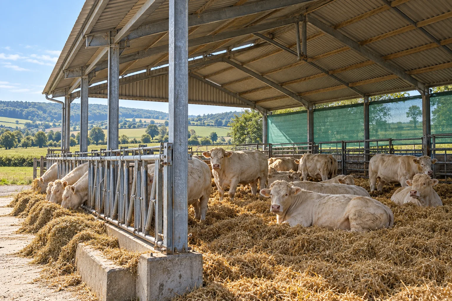 Stabulation métallique ouverte avec filets brise-vent, vaches charolaises sur aire paillée en Bourgogne