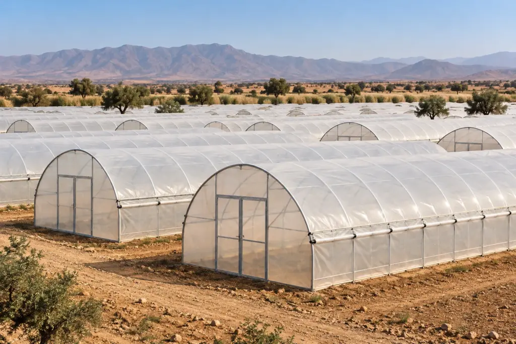 Serres tunnels plastiques alignées dans la plaine du Souss-Massa au Maroc, montagnes de l'Anti-Atlas au loin