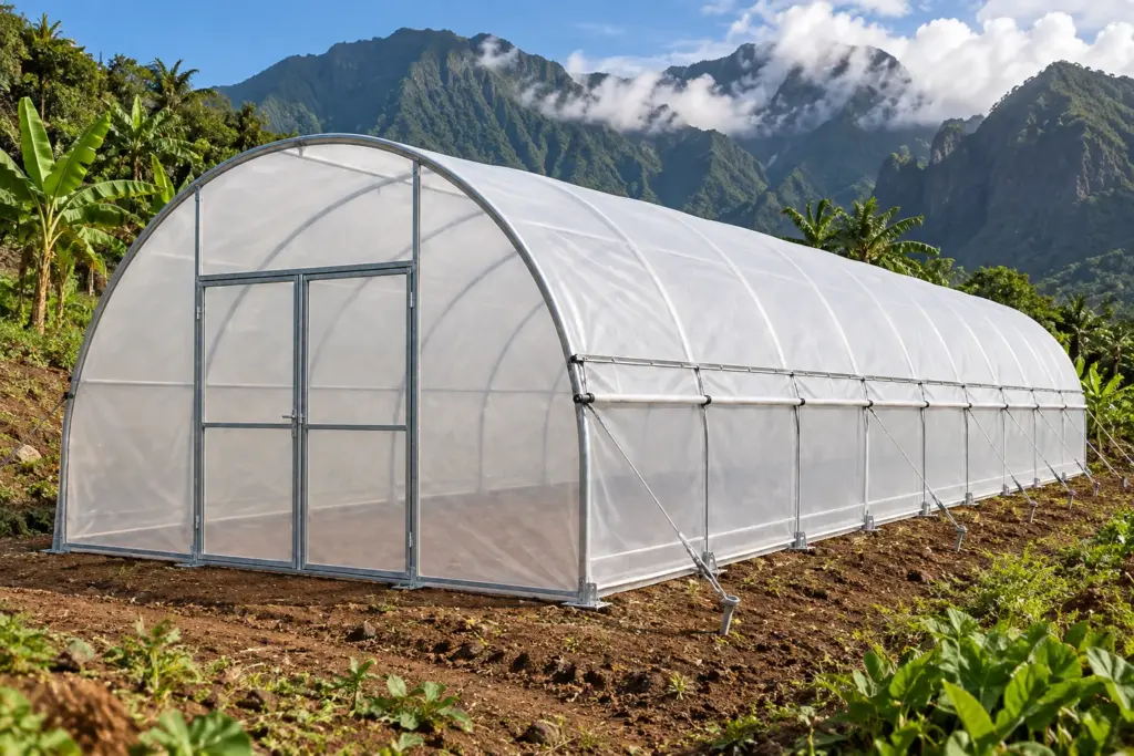 Serre tunnel maraîchère aux ancrages renforcés sur les hauts de La Réunion, bananiers et relief volcanique