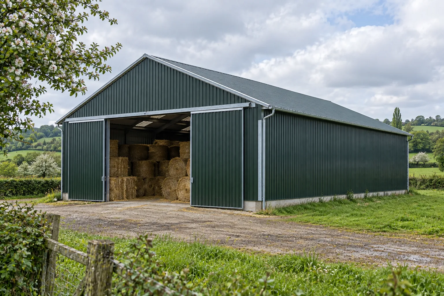 Hangar agricole bardé de tôle verte, porte coulissante ouverte sur des balles de paille et de foin, en Normandie