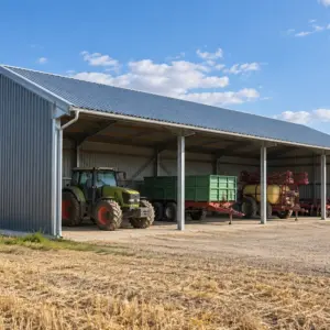 Hangar agricole métallique ouvert à deux pentes abritant tracteur, remorque et outils, dans la plaine de Beauce