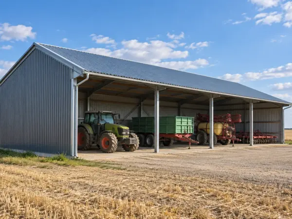 Hangar agricole métallique ouvert à deux pentes abritant tracteur, remorque et outils, dans la plaine de Beauce