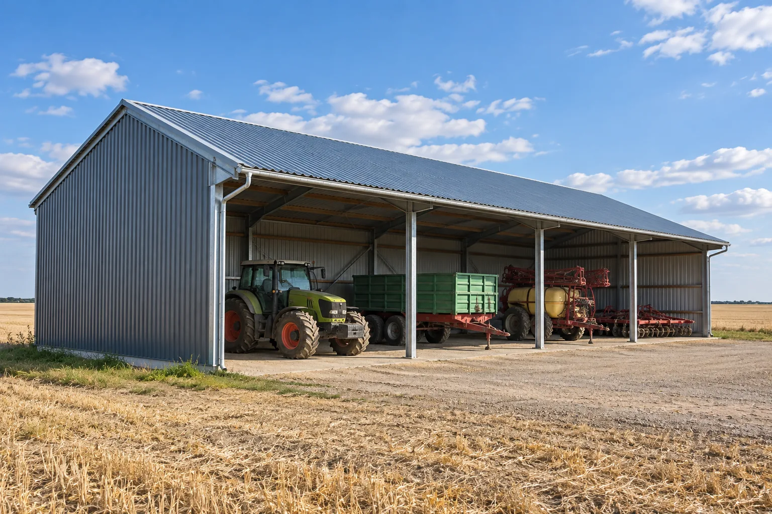 Hangar agricole métallique ouvert à deux pentes abritant tracteur, remorque et outils, dans la plaine de Beauce