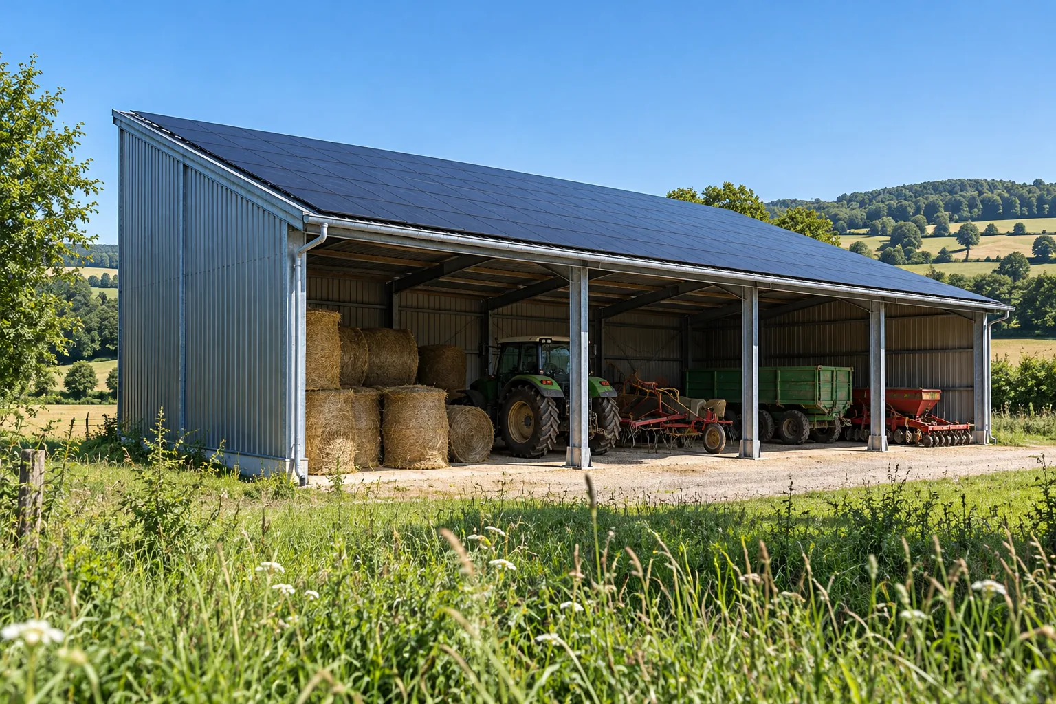 Hangar agricole métallique ouvert dont la toiture est entièrement couverte de panneaux photovoltaïques noirs