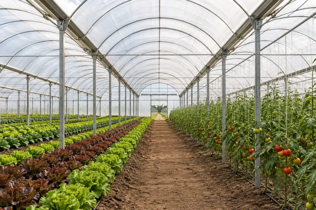 Intérieur d'une serre multi-chapelle : poteaux galvanisés, chéneaux, salades et tomates cultivées en pleine terre