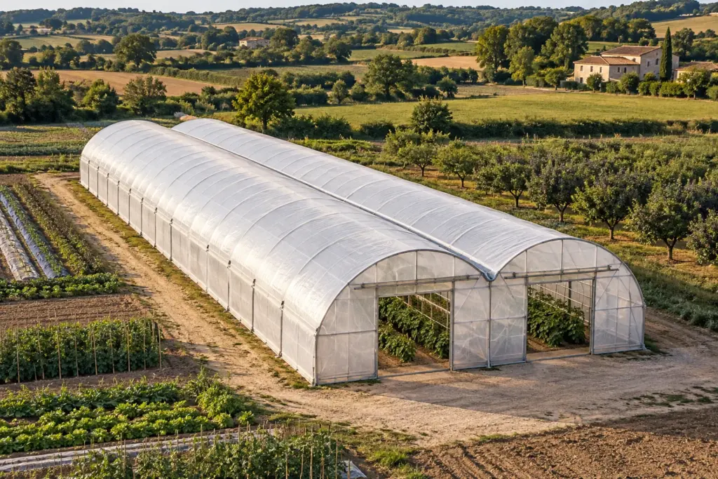 Vue de drone d'une serre de 20 × 50 m à deux chapelles reliées par un chéneau, en Lot-et-Garonne