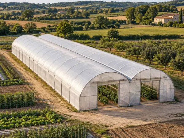 Vue de drone d'une serre de 20 × 50 m à deux chapelles reliées par un chéneau, en Lot-et-Garonne