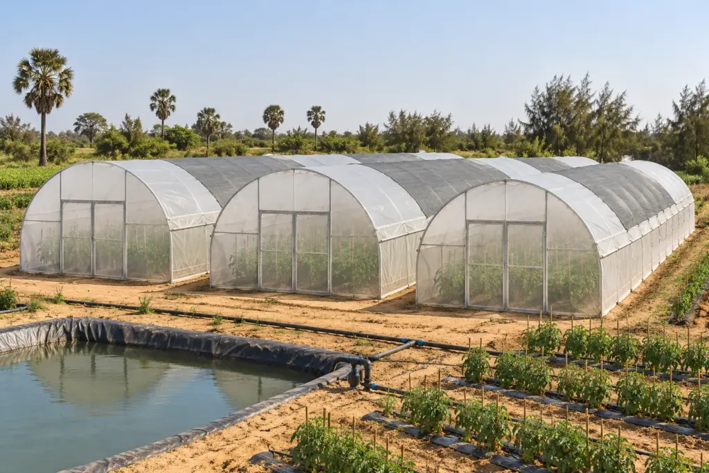 Trois serres tunnels avec filet anti-insectes et ombrage sur sol sableux, zone des Niayes au Sénégal