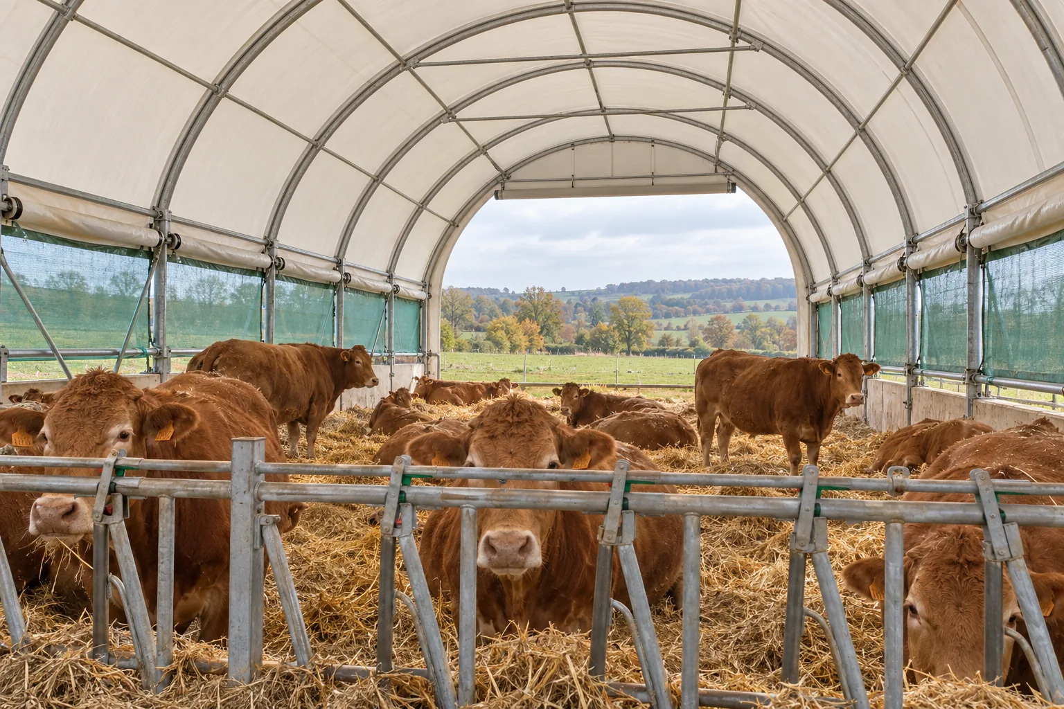 Vaches limousines sur paille dans un tunnel d'élevage aux côtés relevés et filet brise-vent