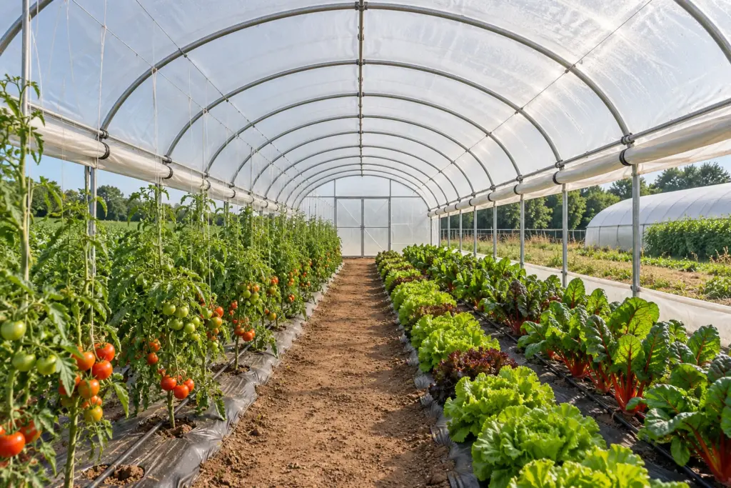 Intérieur de tunnel maraîcher : tomates palissées, salades, blettes, paillage noir et goutte-à-goutte
