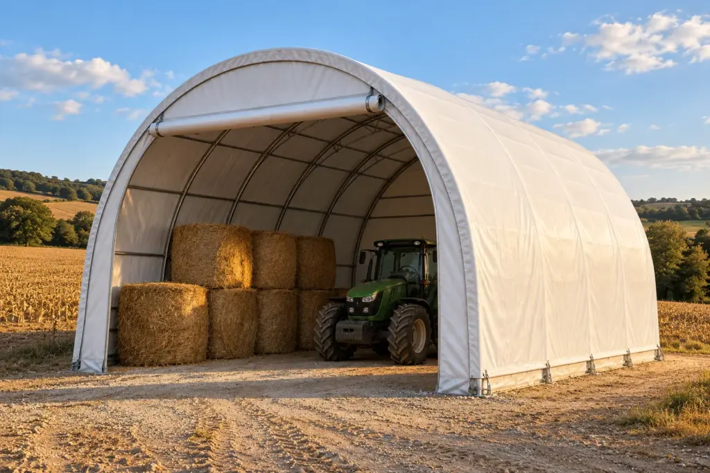 Tunnel de stockage à bâche blanche, pignon ouvert, balles rondes de foin et tracteur vert à l'abri