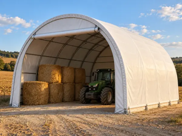 Tunnel de stockage à bâche blanche, pignon ouvert, balles rondes de foin et tracteur vert à l'abri