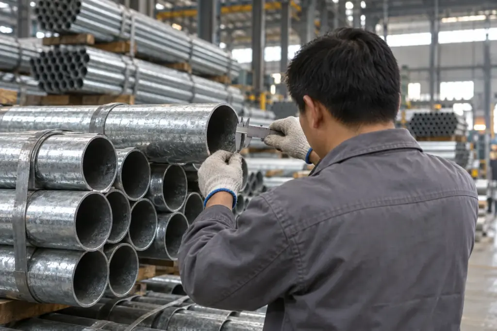 Contrôleur de dos mesurant au pied à coulisse l'épaisseur d'un tube galvanisé, faisceaux de tubes en usine